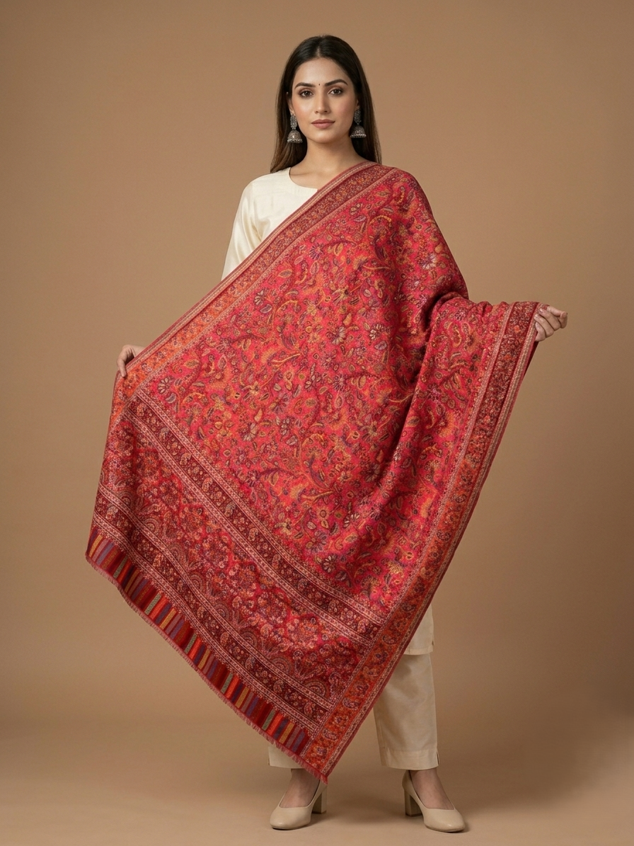Women's Shawl featuring crimson Floral Jaal heritage woven design with intricate multicolor borders by The Amritsar Store