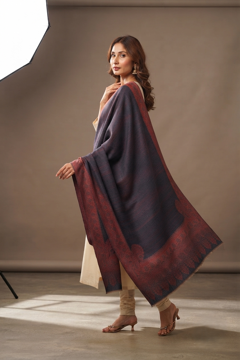 Women's Kashmiri shawl featuring an elegant four side border with intricate Paisley design, beautifully crafted by The Amritsar Store.