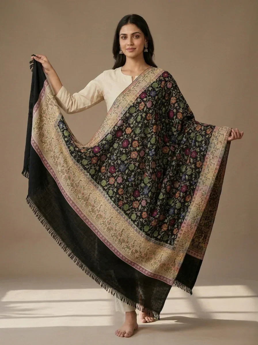 Women's Black Floral Jaal Shawl – Sozni Style Designer Wrap | The Amritsar Store - The Amritsar Store