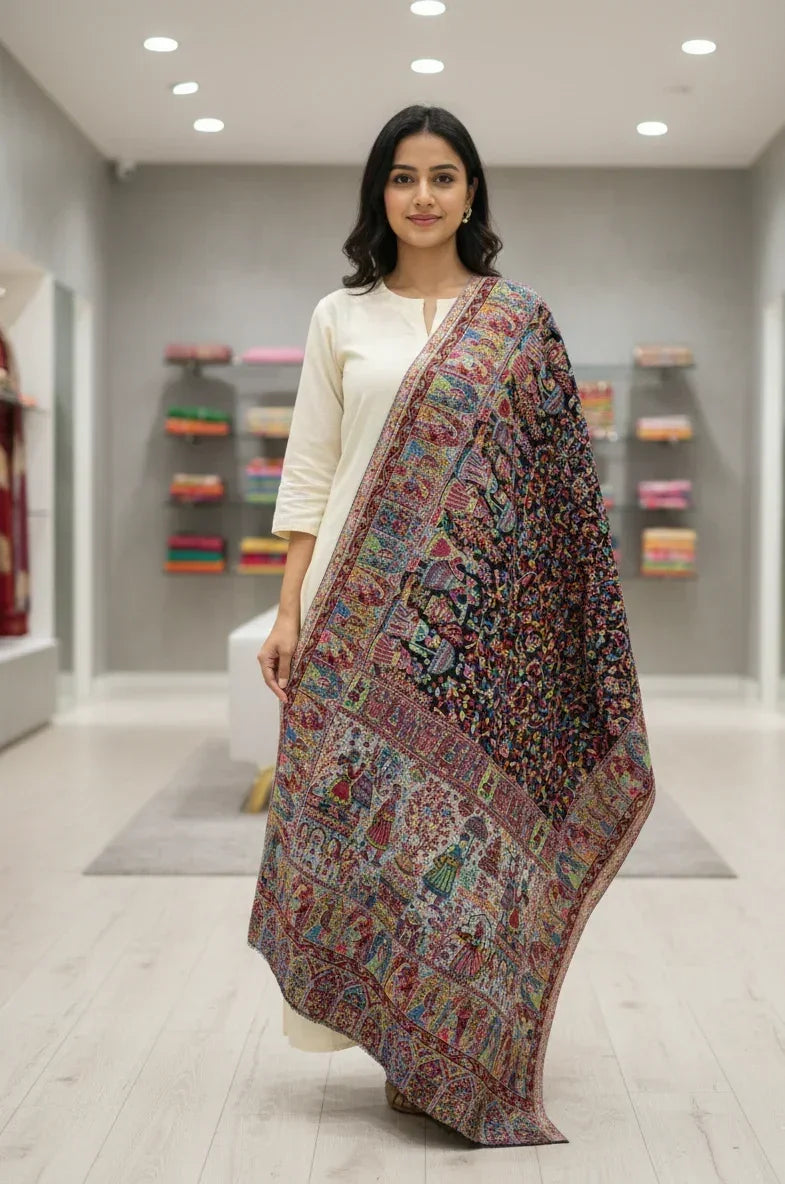 Women's Stole – Black Royal Heritage Mughal Darbar & Floral Jaal Woven Designer Wrap | The Amritsar Store - The Amritsar Store