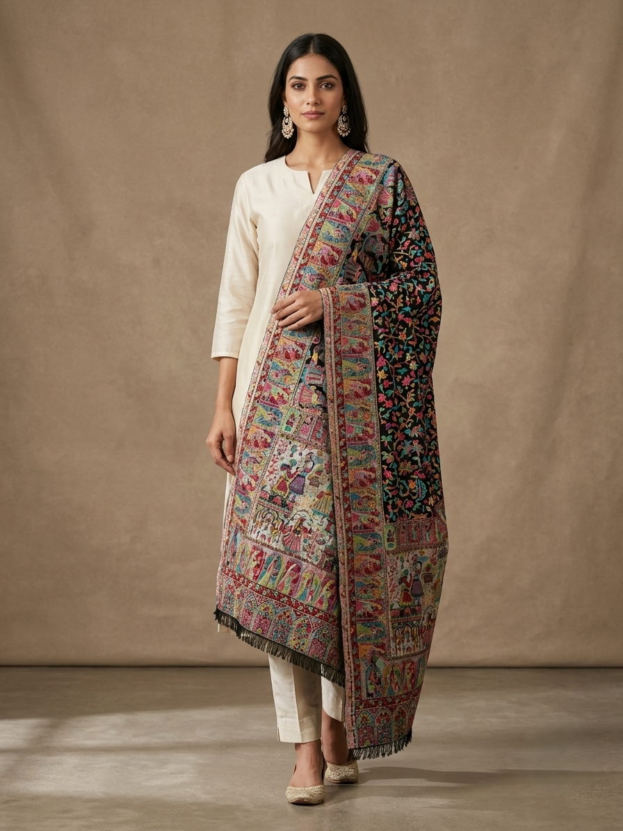 Women's Stole featuring Black Royal Heritage Mughal Darbar scene with intricate Floral Jaal woven design by The Amritsar Store