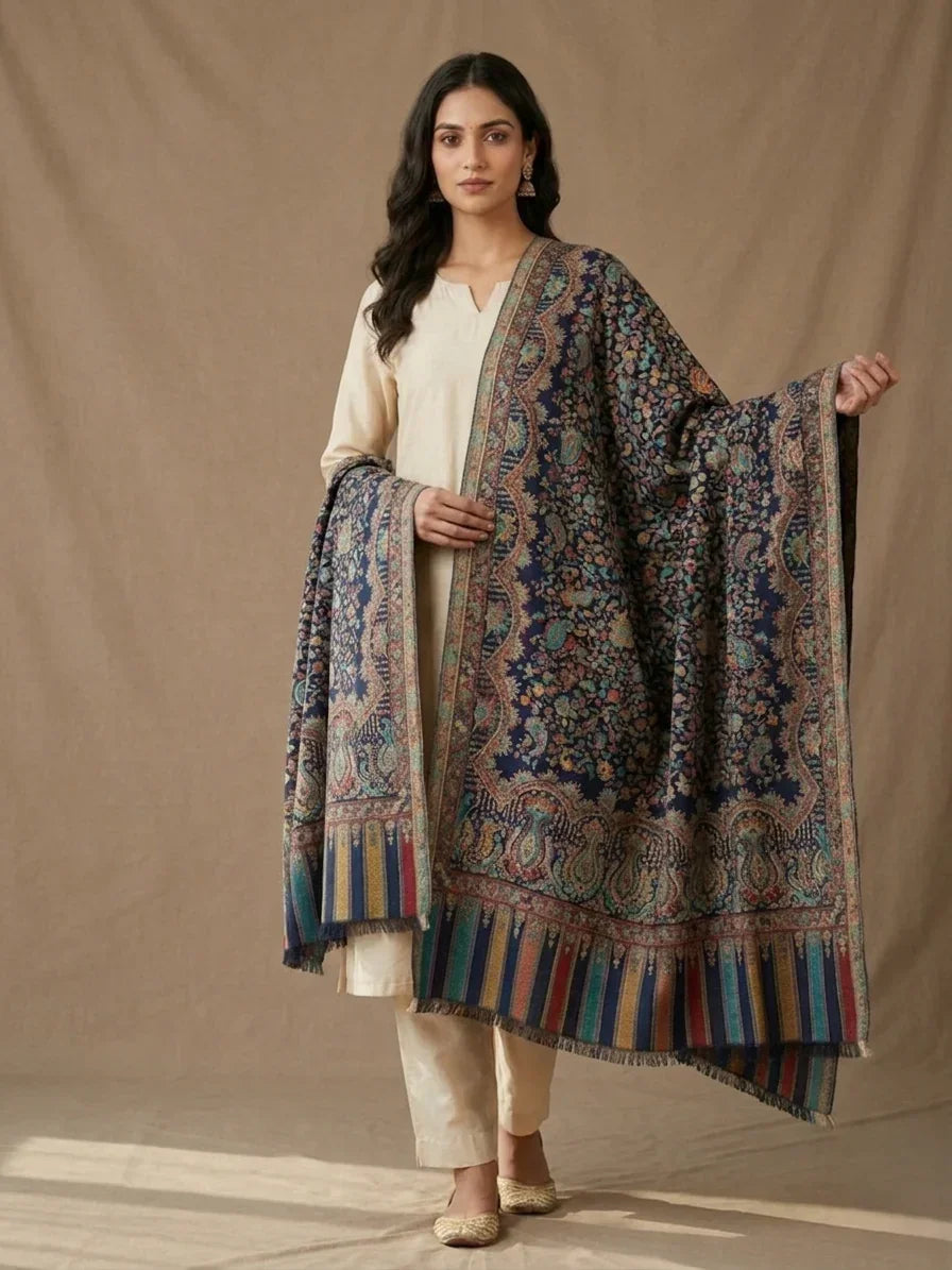 Women's Stole – Heritage Navy Blue Jaal Weave with Intricate Paisley & Multitone Borders | The Amritsar Store - The Amritsar Store