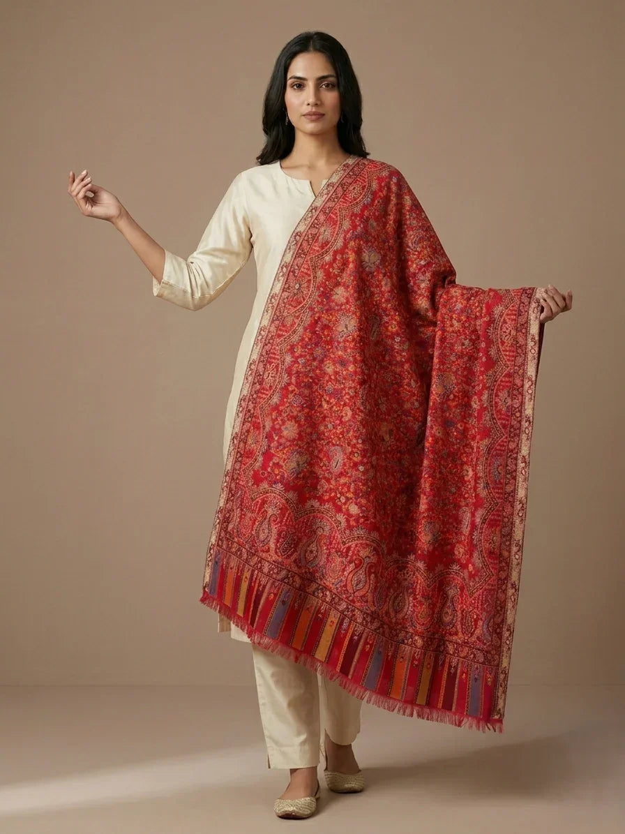 Women's Stole – Heritage Red Jaal Weave with Intricate Paisley & Multitone Borders | The Amritsar Store - The Amritsar Store