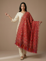 Women's heritage red stole featuring an intricate Paisley Jaal weave with elegant multitone borders, crafted by The Amritsar Store.