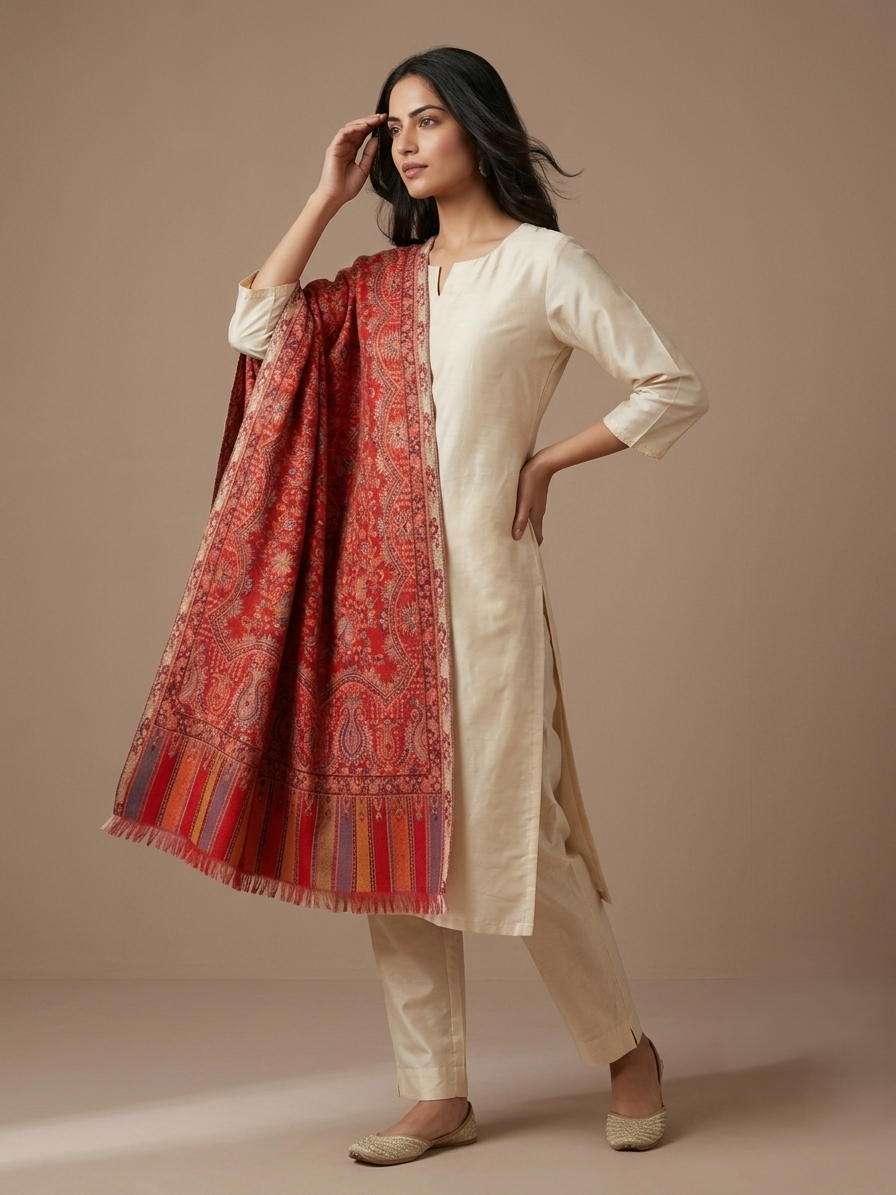 Women's heritage red stole featuring an intricate Paisley Jaal weave with elegant multitone borders, crafted by The Amritsar Store.