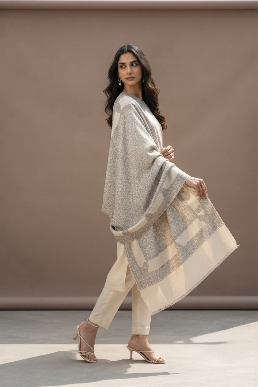 Women's grey wool shawl featuring elegant Sozni embroidery with a self-weave design, handcrafted by The Amritsar Store.
