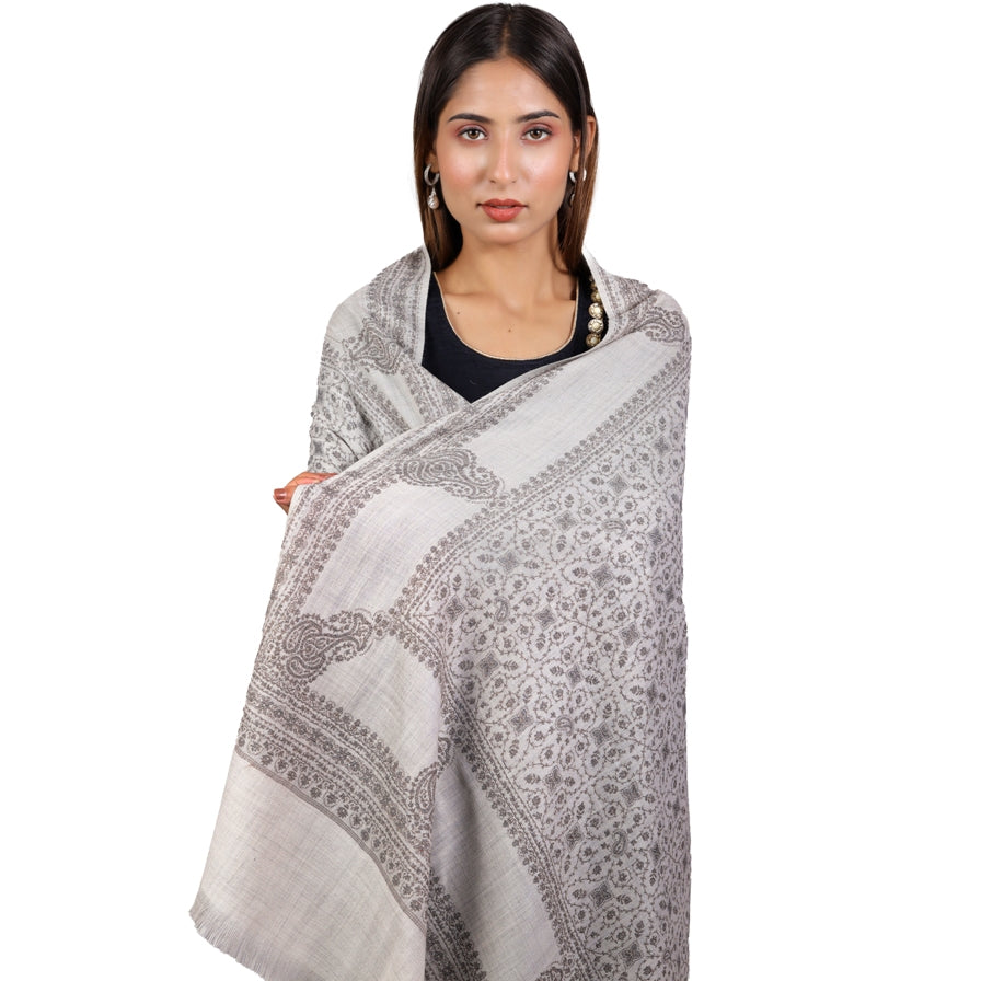 Elegant Grey Sozni Embroidered Self Weave Wool Shawl
