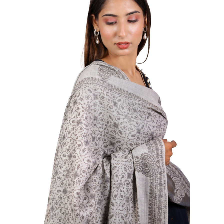 Elegant Grey Sozni Embroidered Self Weave Wool Shawl