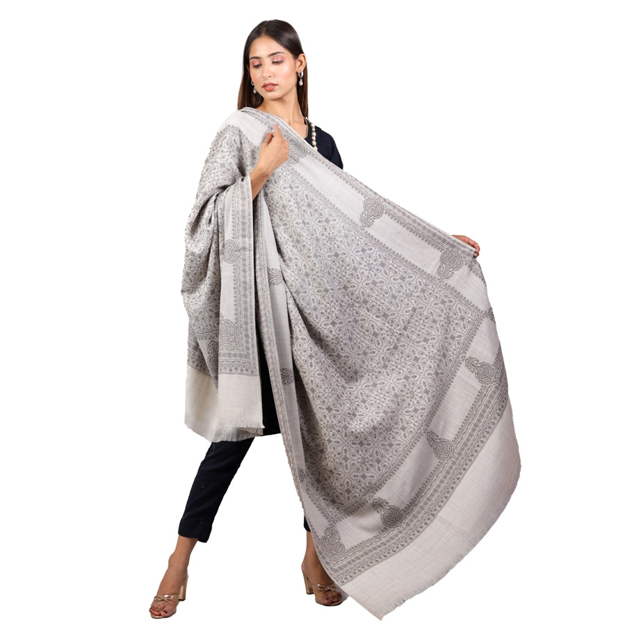 Elegant Grey Sozni Embroidered Self Weave Wool Shawl
