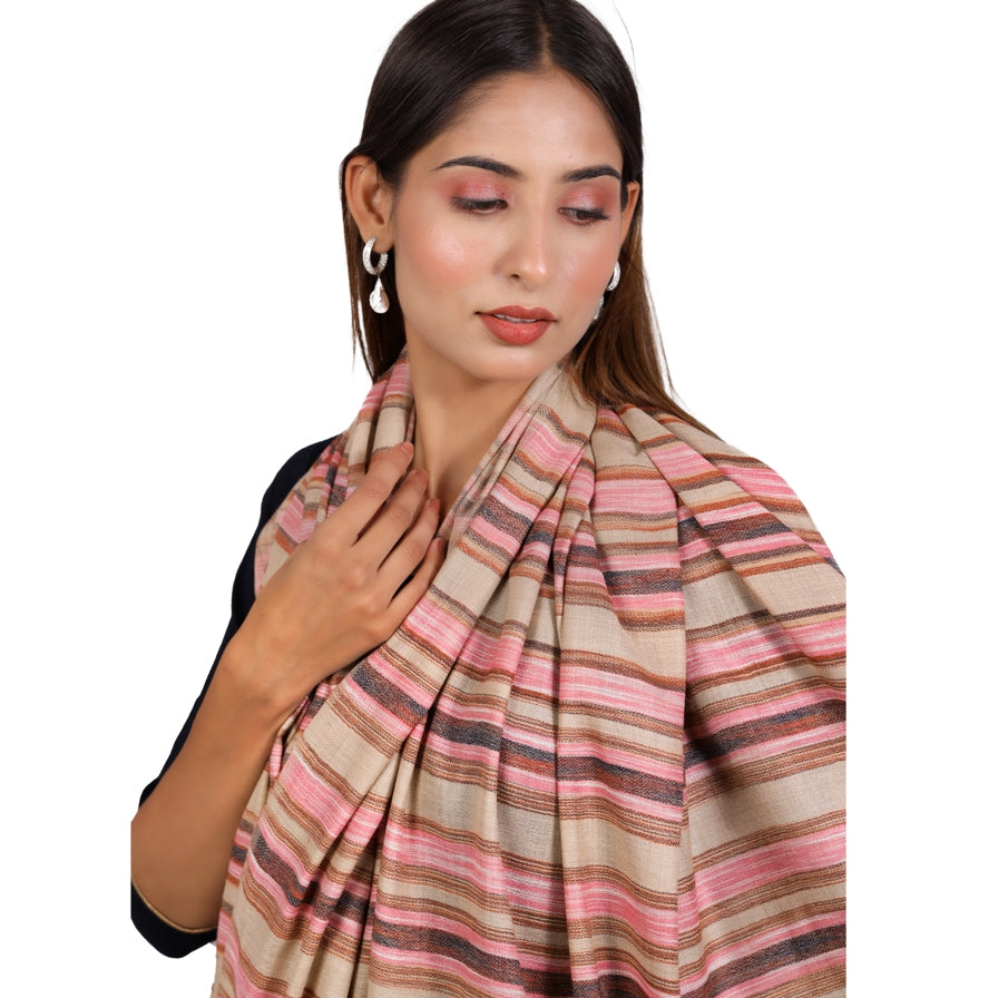 Women's Shawl, Kashmiri Shawl, Stripes Shawl, Woven Faux Wool Shawl, Light Weight Shawl With Self Paisleys On The Edges, Shawl For Women - The Amritsar Store