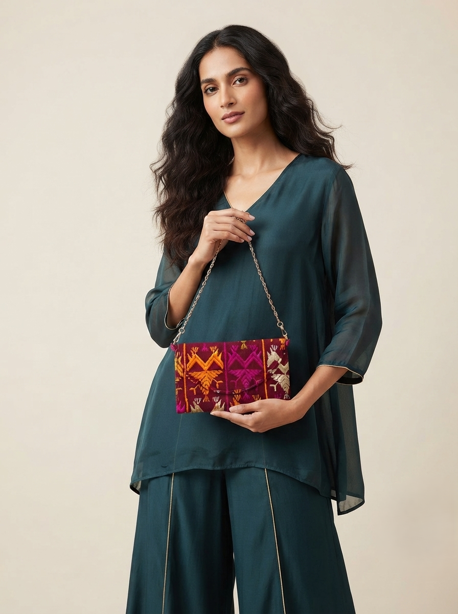Multicolor Phulkari Embroidered Wallet for Women with Golden Chain |The Amritsar Store