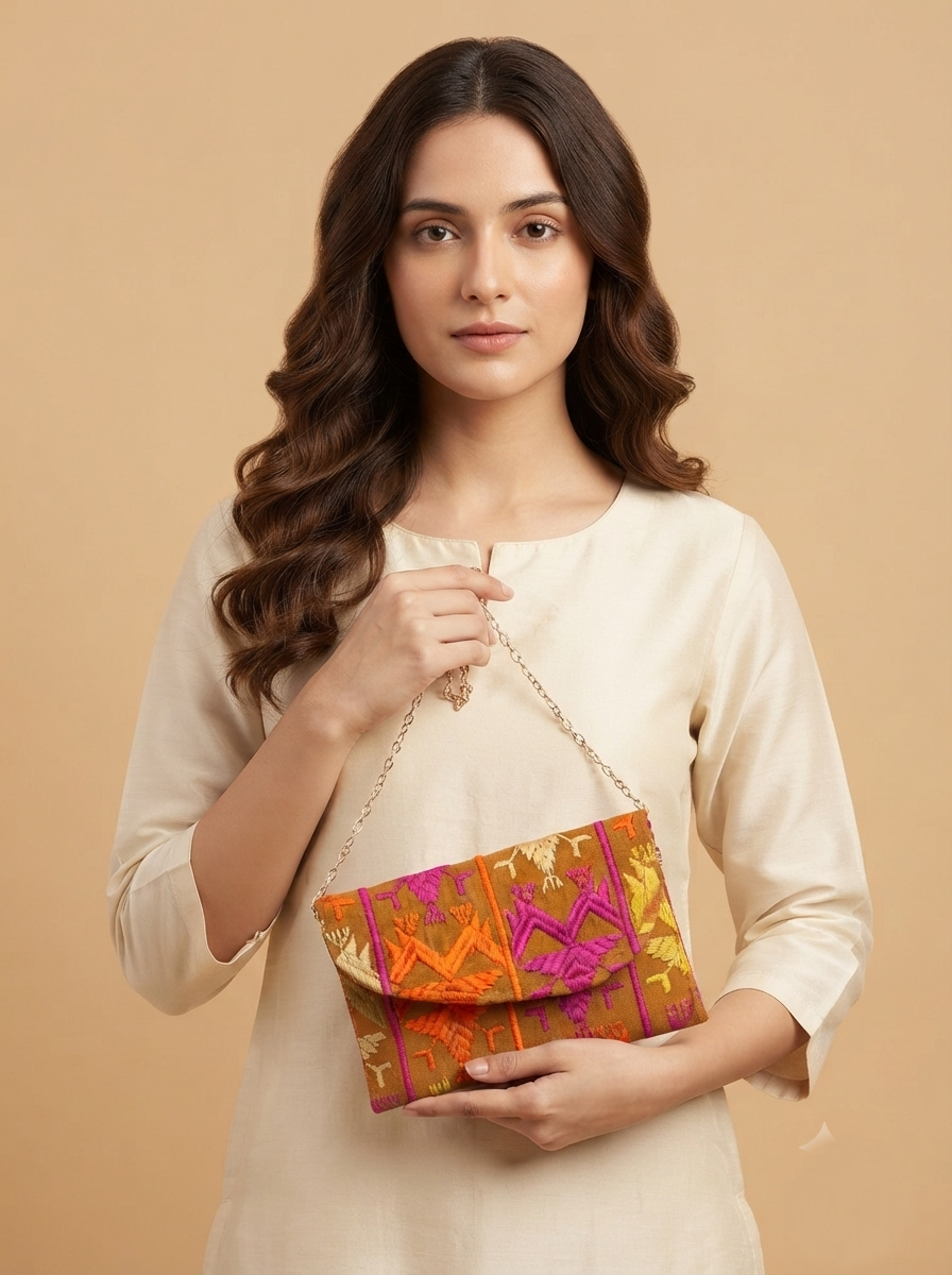 Women’s Multicolor Embroidered Clutch Wallet with Chain Strap |The Amritsar Store