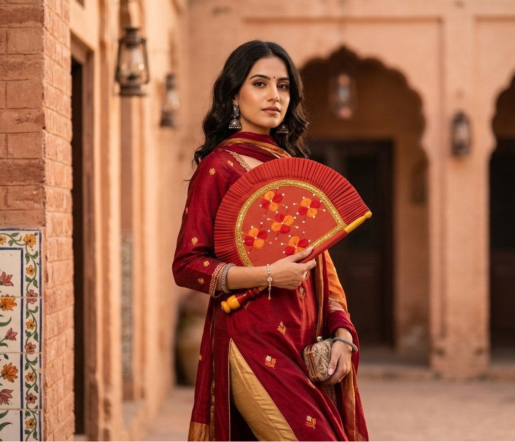 The Amritsar Store Phulkari Traditional Hand Fan in Red with Floral Embroidery