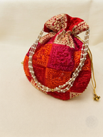 Phulkari Handmade Potli Bag with Pearl Beaded Handle & Golden Lace| The Amritsar Store