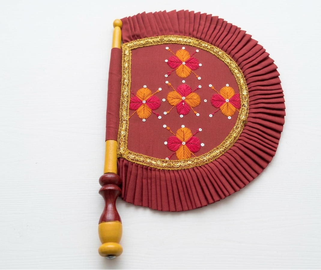 The Amritsar Store Phulkari Traditional Hand Fan in Red with Floral Embroidery