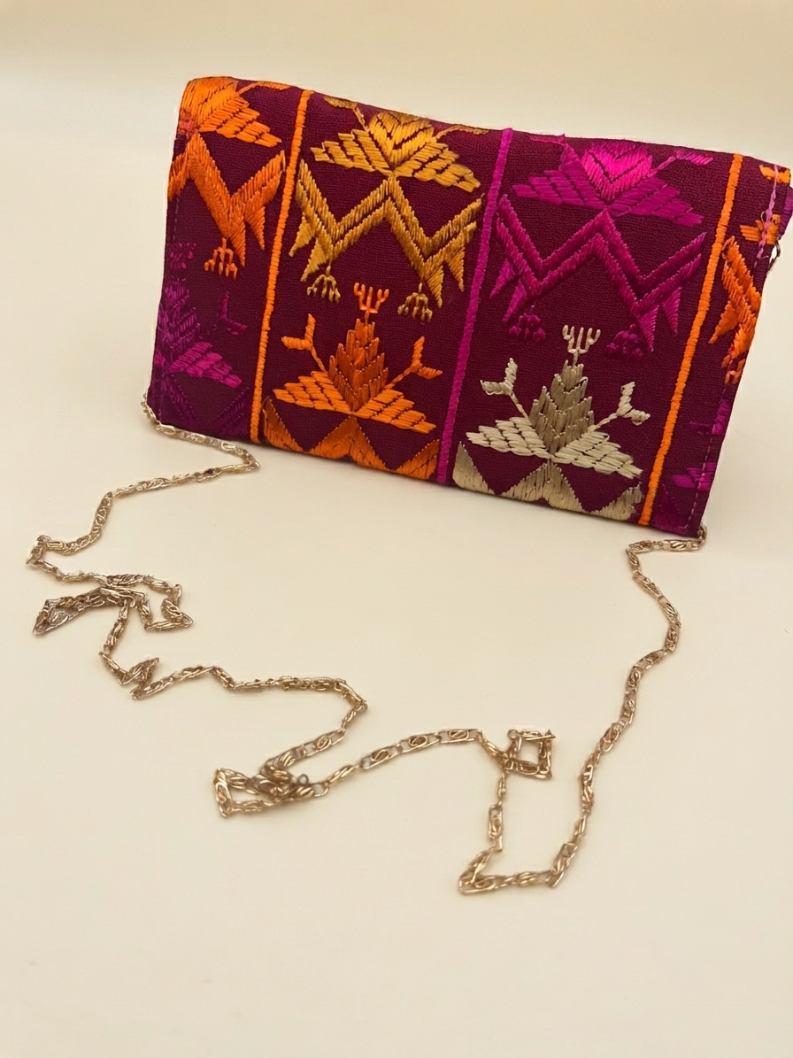 Multicolor Phulkari Embroidered Wallet for Women with Golden Chain |The Amritsar Store