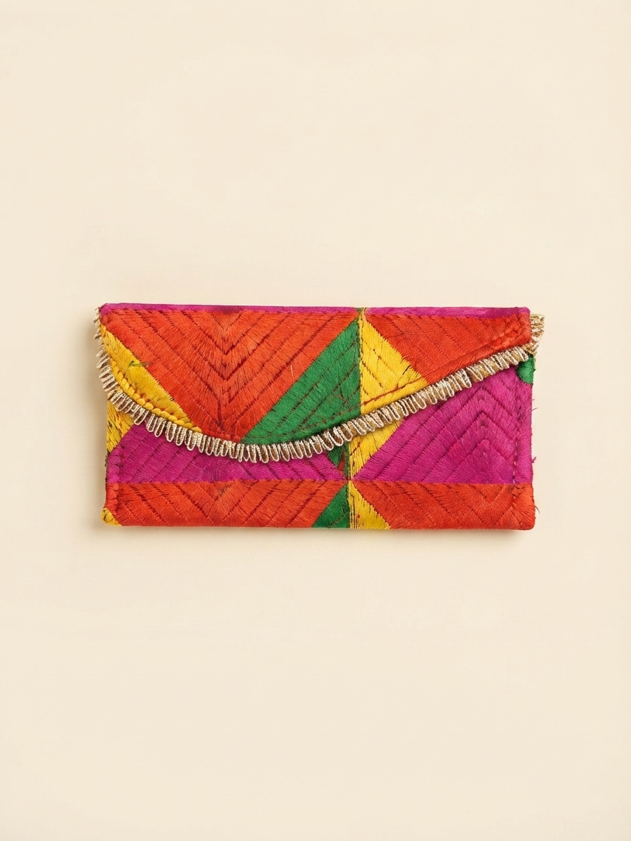 Multicolor Phulkari Shagun Lifafa with Golden Lace |The Amritsar Store