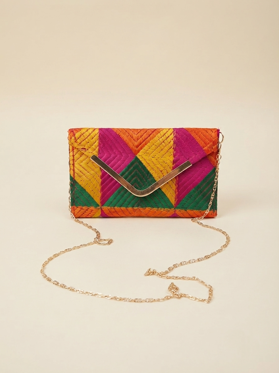 Multicolor Phulkari Embroidered Wallet with Chain for Women |The Amritsar Store