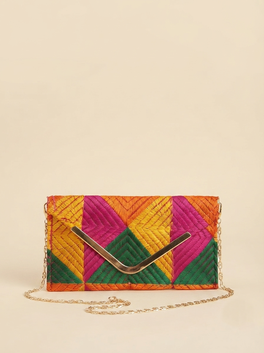 Multicolor Phulkari Embroidered Wallet with Chain for Women |The Amritsar Store