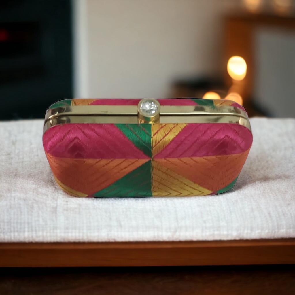 Phulkari Embroidery Clutch MultiColor Metal Based Clutch with Phulkari Fabric pasted By The Amritsar Store - The Amritsar Store