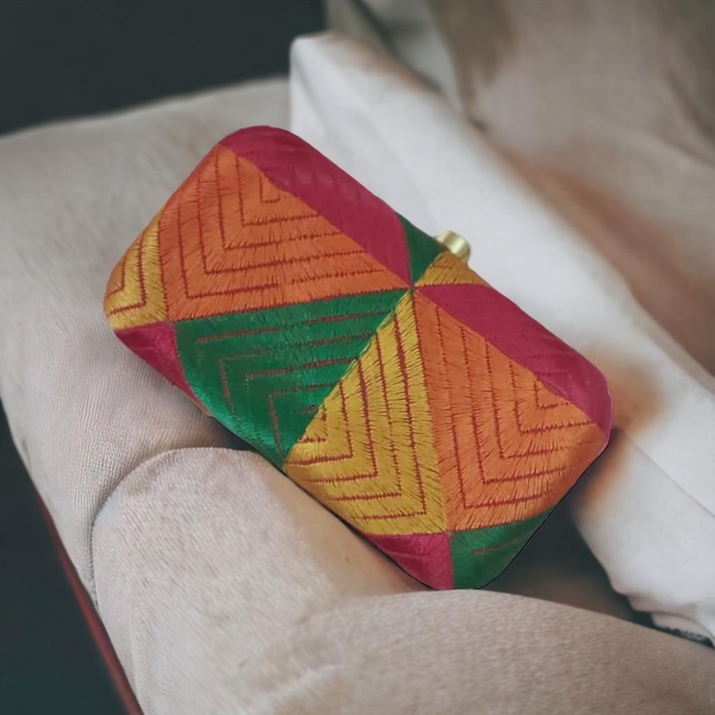 Phulkari Embroidery Clutch MultiColor Metal Based Clutch with Phulkari Fabric pasted By The Amritsar Store - The Amritsar Store