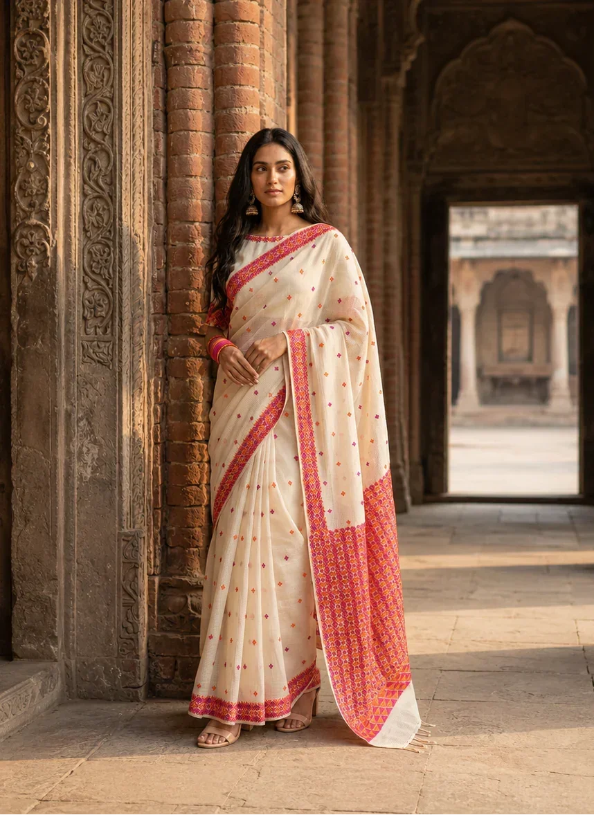 Phulkari Saree -Hand Embroidered White Saree with Orange Embroidery | The Amritsar Store - The Amritsar Store