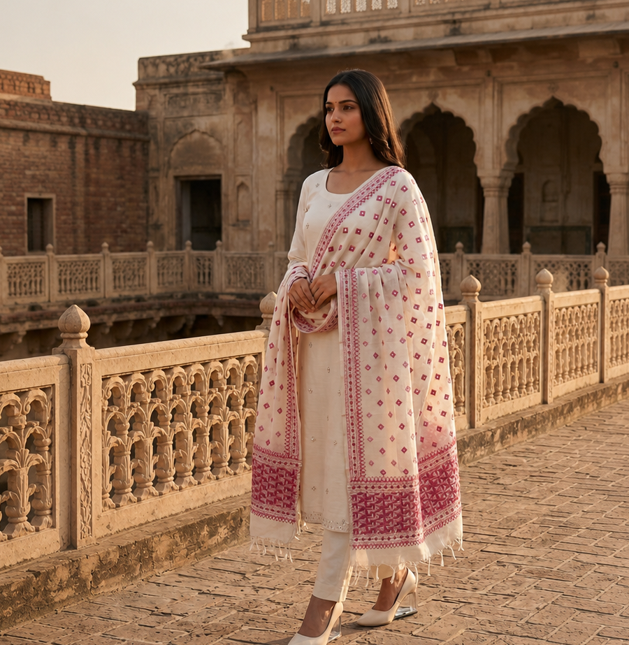 Phulkari Dupatta – Hand Embroidered White & Pink Dupatta for Women | The Amritsar Store