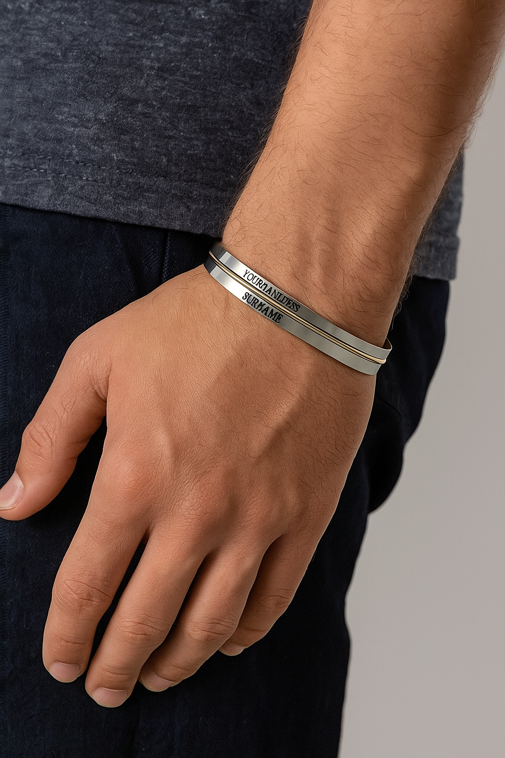 Stainless Steel With Thin Brass Line Customized Personalized Mens Kada - 10 Mm Thick by The Amritsar Store