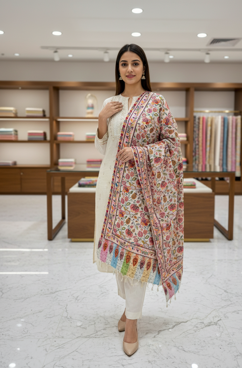 The Amritsar Store Kashmiri Sozni Embroidered Stole – Multicolor with Pastel Paisley Border
