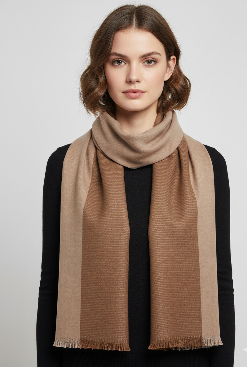 Elegant Camel Brown Two-Tone Winter Scarf – Soft Cozy Wrap with Fringed Edges
