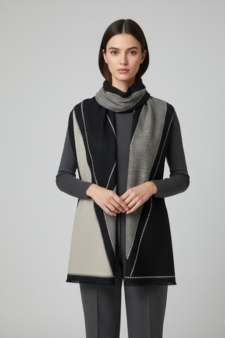 Elegant Two-Tone Scarf with Graphic V Pattern (Reversible)