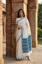 Phulkari Saree-Hand Embroidered White Saree with Blue Embroidery |The Amritsar Store - The Amritsar Store