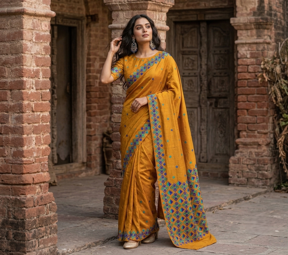 Phulkari Saree – Hand Embroidered Mustard Saree in Blue Thread | The Amritsar Store