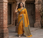 Phulkari Saree – Hand Embroidered Mustard Saree in Blue Thread | The Amritsar Store