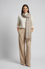 Classic Brown & Blue Checkered Shawl – Soft Winter Wrap with Fringe Detailing