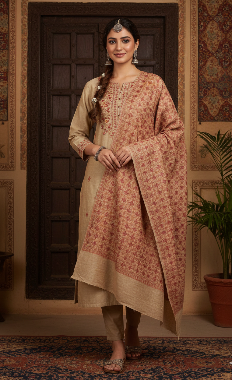 Classic Charm: Beige Pashmina Shawl with Hand Embroidery