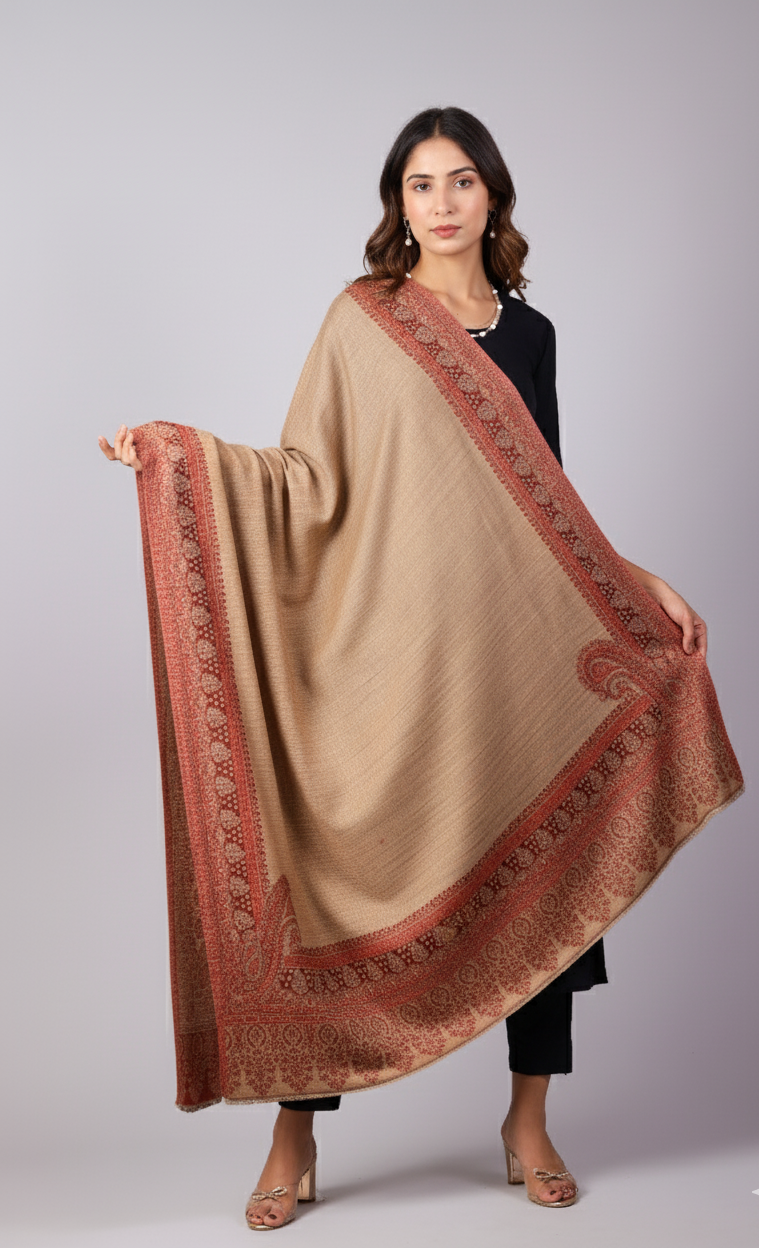 Kashmiri Shawl For Women, Lightweight Shawl With Four Side Border & Paisley Design Weaved With Wool, Shawl For Women