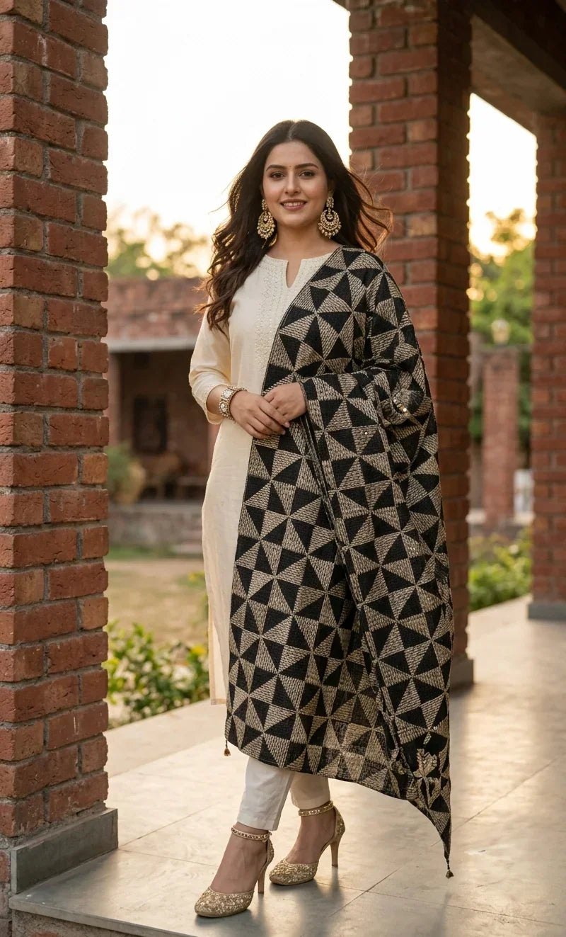 The Amritsar Store Phulkari Dupatta with Geometric Embroidery - The Amritsar Store