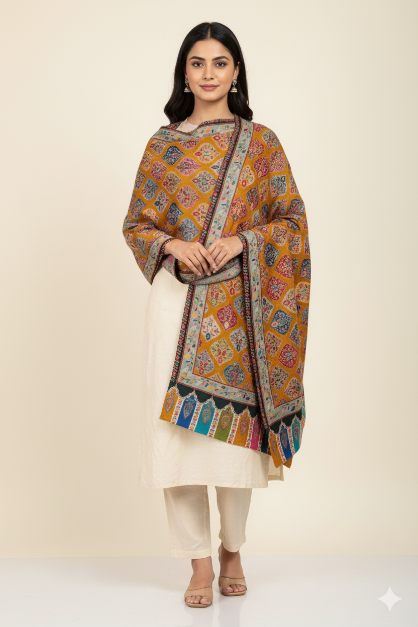 The Amritsar Store Womens Extra Fine Wool Shawl ,Kalamkari Design,Multicolor