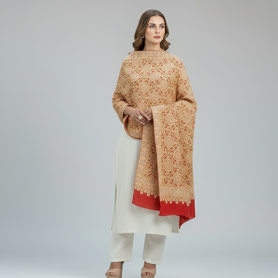 The Amritsar Store Women's Shawl Full Heavy Embroidery Jaal-Red Color