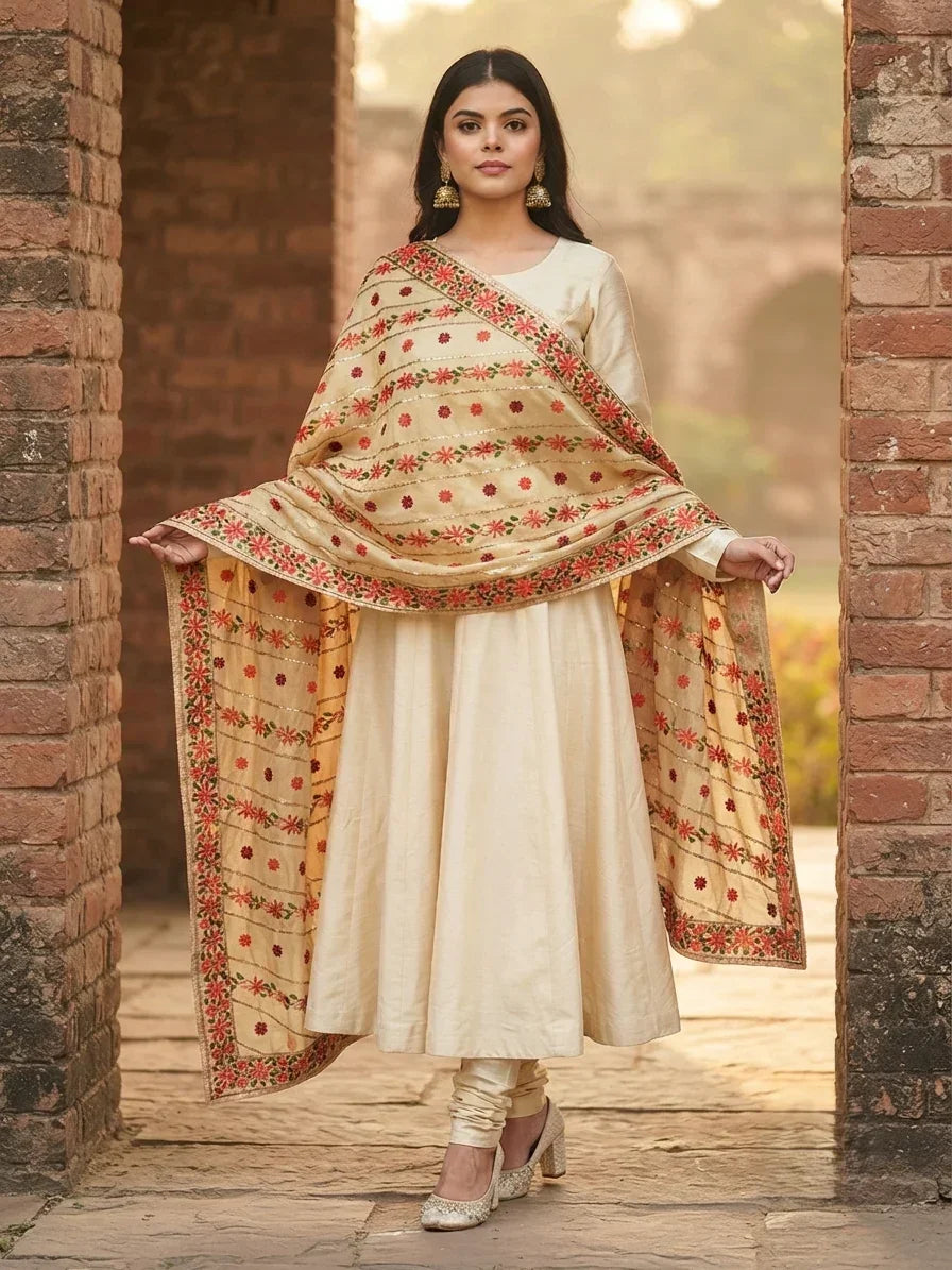 Classic Phulkari Dupatta In Golden Color With Red Embroidery by The Amritsar Store - The Amritsar Store