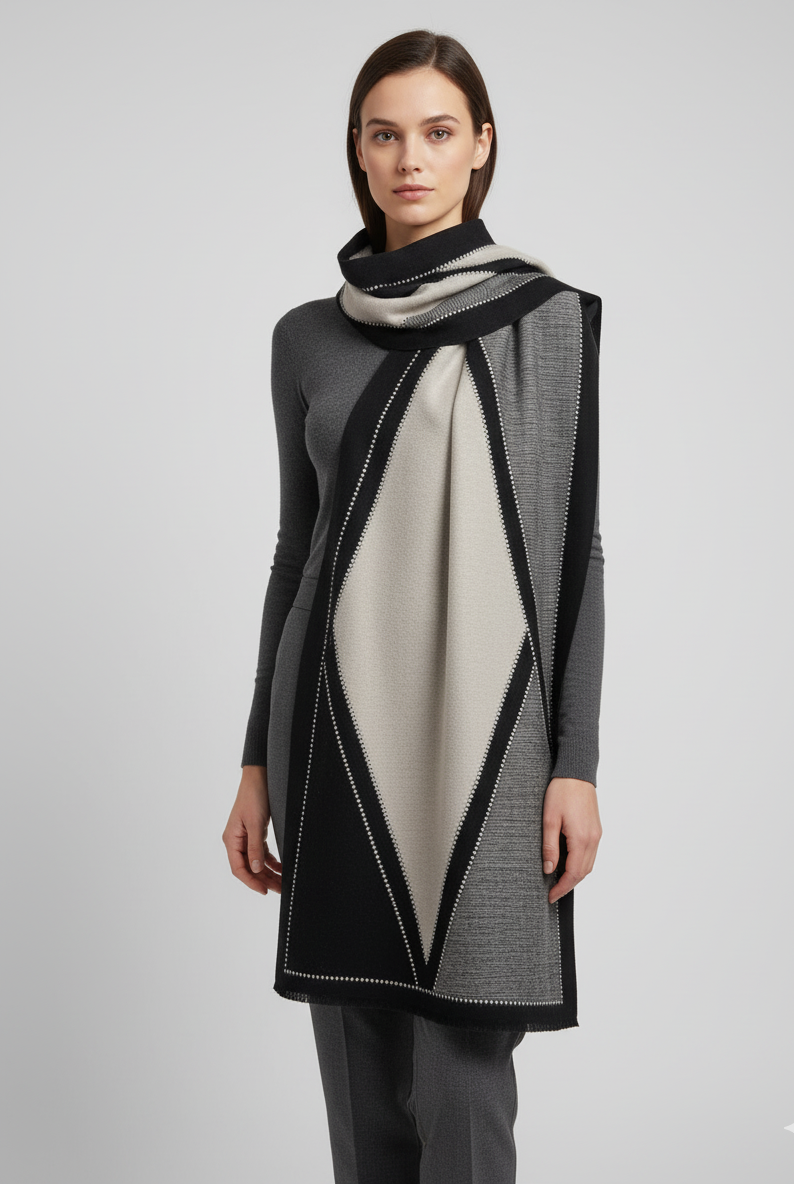 Elegant Two-Tone Scarf with Graphic V Pattern (Reversible)