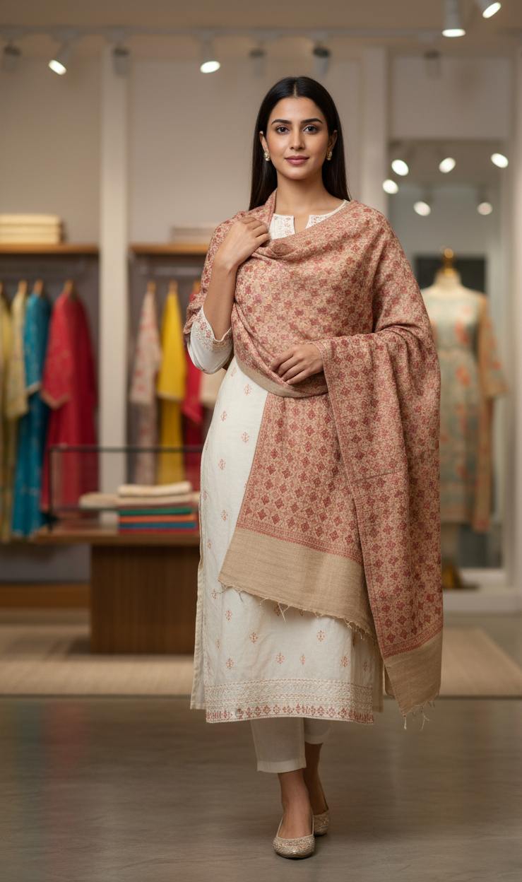 Classic Charm: Beige Pashmina Shawl with Hand Embroidery