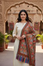 The Amritsar Store Handcrafted Kashmiri Floral Stole – Multicolor Traditional Embroidery with Striped Tassels