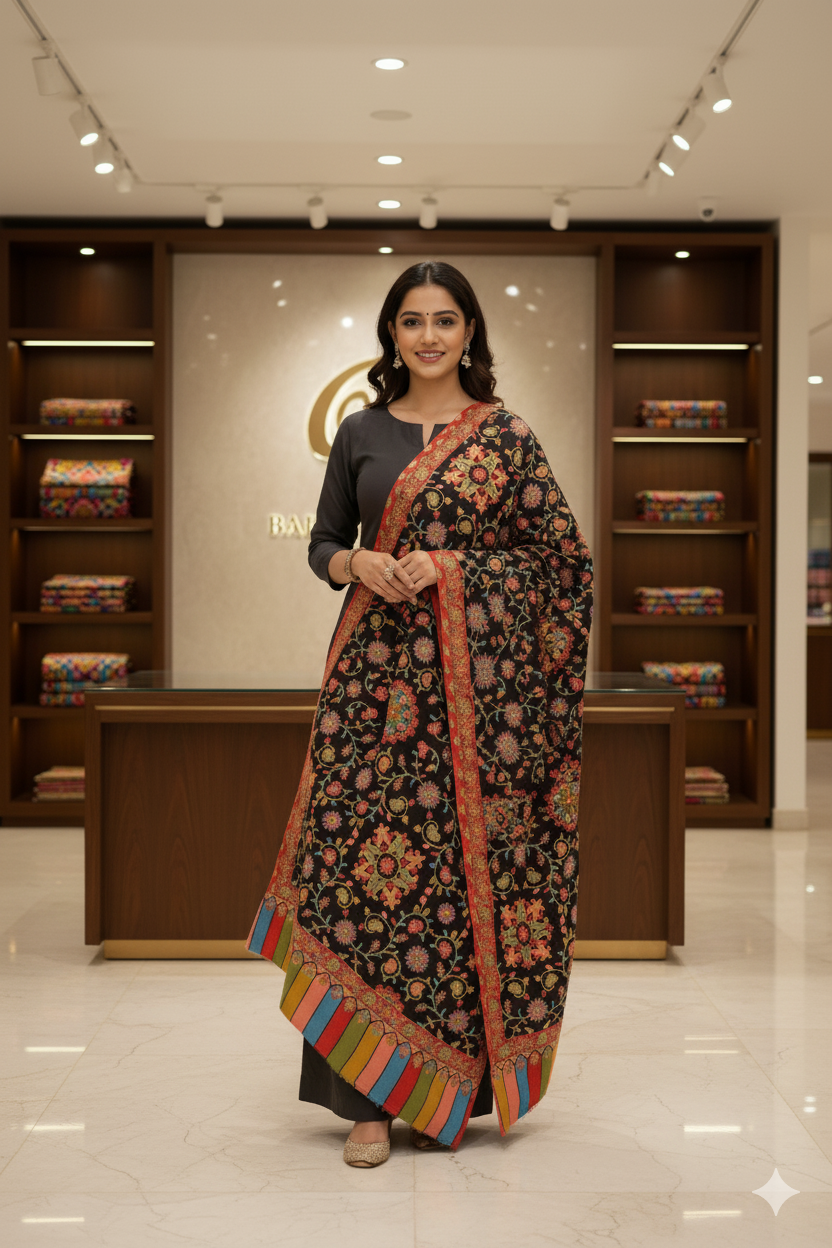 The Amritsar Store Womens Extra Fine Wool ,Kalamkari Handcrafted Shawl in Black