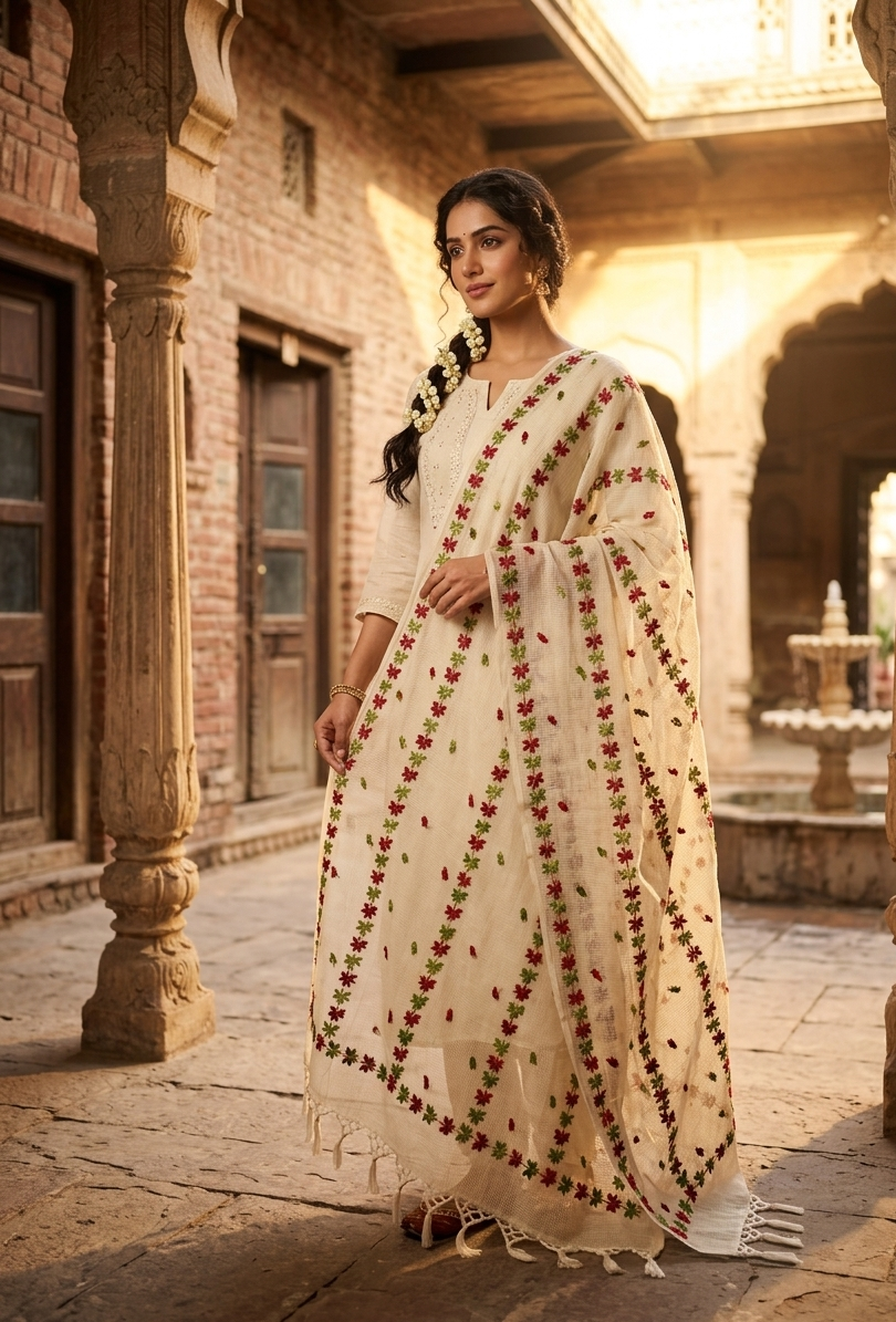 Phulkari Dupatta – Hand Embroidered Off White Floral Wrap| The Amritsar Store