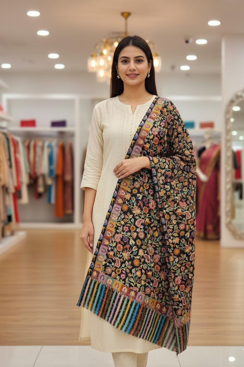 The Amritsar Store,Kashmiri kalamkari Embroidered Stole – Multicolor Floral Jaal on Black Base with Vibrant Striped Border