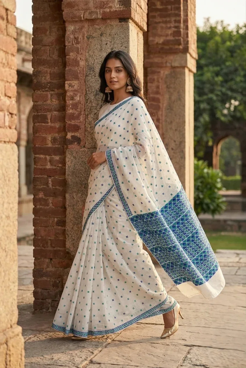 Phulkari Saree-Hand Embroidered White Saree with Blue Embroidery |The Amritsar Store - The Amritsar Store