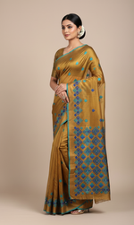 Phulkari Saree Hand Embroidered in blue Thread on Mustard Color,The Amritsar Store