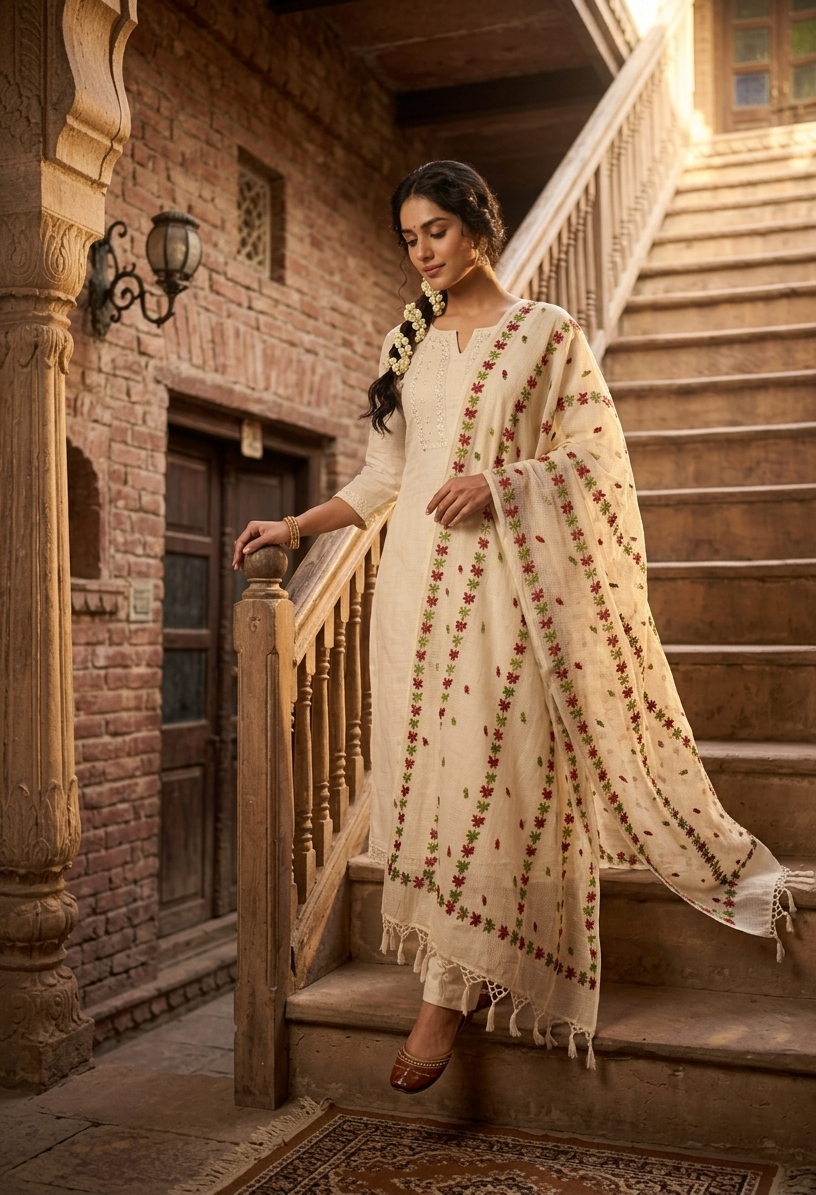 Phulkari Dupatta – Hand Embroidered Off White Floral Wrap| The Amritsar Store